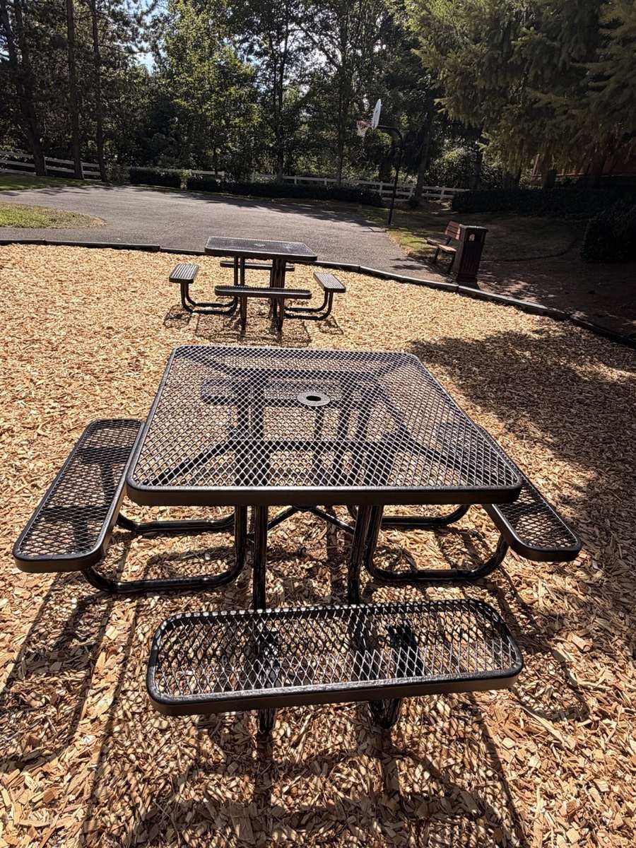 Outdoor community seating and playground area